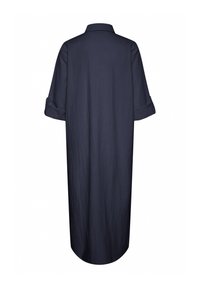 Rochie cămașă de culoare albastru marin, confecționată dintr-un material ușor, cu guler, mâneci scurte răsucite și croială dreaptă, care se termină sub genunchi.