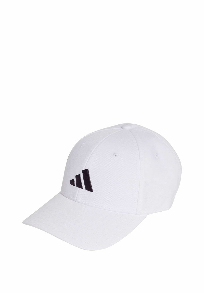 Cappello da baseball bianco in cotone, con visiera curva, design a sei pannelli e logo ricamato nero sul davanti.