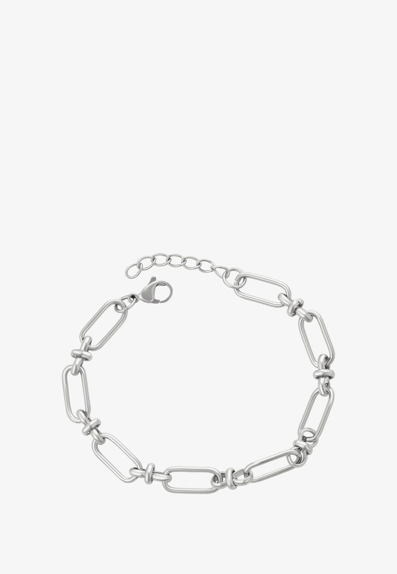 Bracciale in argento con anelli ovali e piccoli separatori rotondi, dotato di chiusura a gancio e catena di estensione regolabile.