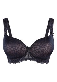 Soutien-gorge en dentelle noire avec un motif floral, un soutien sous-armature et des bretelles réglables. Agrémenté d'un nœud décoratif au centre et d'une bordure en dentelle.
