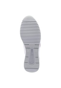 White athletic shoe sole with gray rubber, textured grip patterns, and brand lettering. Rounded toe and flat heel design.