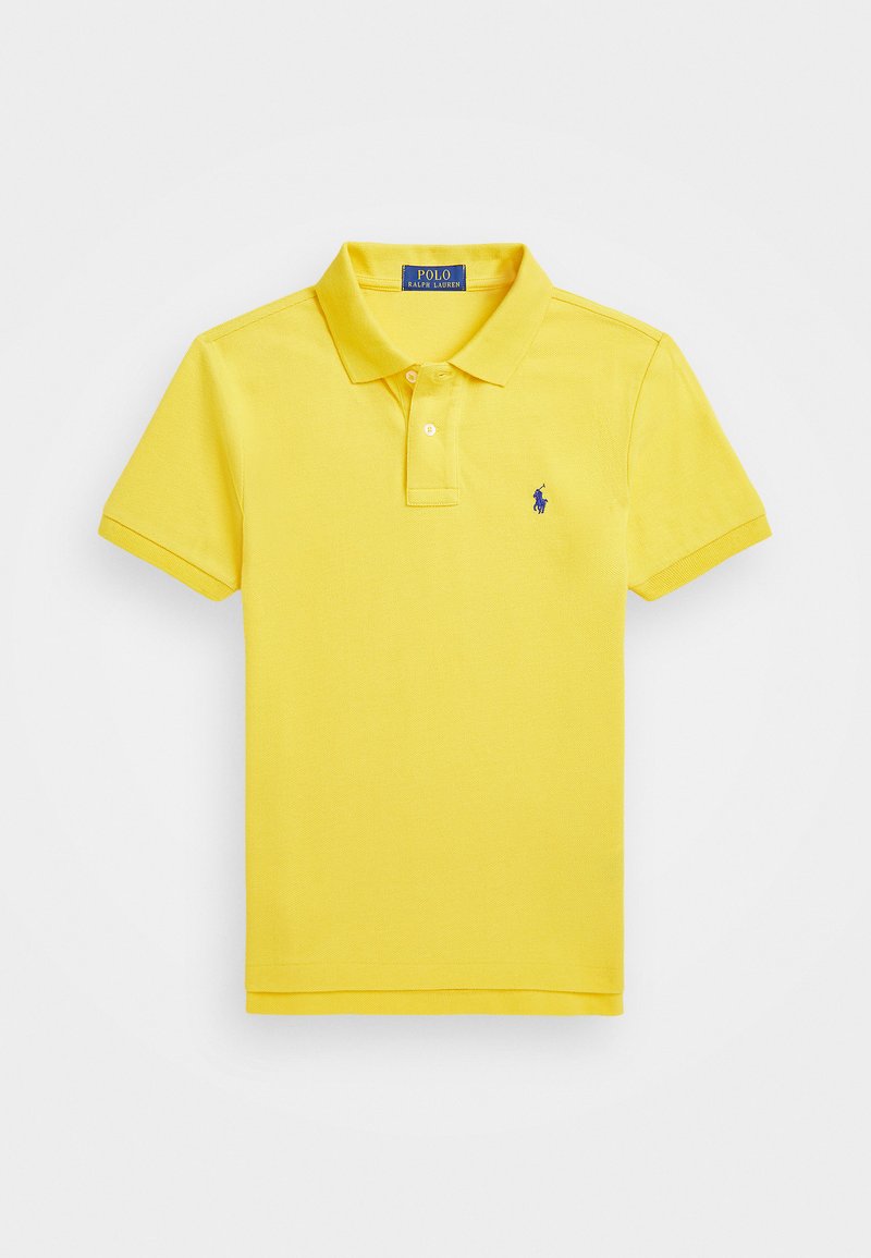 Rumena polo majica iz tkanega bombaža, ki vsebuje tri gumbe in vezeno logo na prsih. Kratke rokave in teksturirana tkanina.