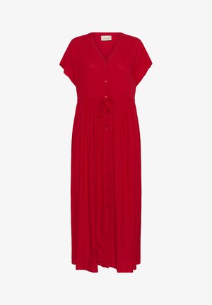 Punainen maxi-mekko, joka on valmistettu kevyestä kankaasta, sisältää V-pääntien, lyhyet hihat, napitettavan etuosan ja säädettävän narupöydän.