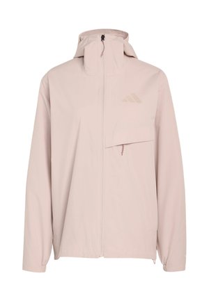 Lichtroze, lichtgewicht jas met een hoge kraag, ritssluiting, zak aan de voorkant en een subtiel Adidas-logo op de linkerborst.