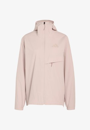 Lichtroze, lichtgewicht jas met een hoge kraag, ritssluiting, zak aan de voorkant en een subtiel Adidas-logo op de linkerborst.