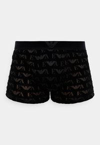 Zwarte boxershorts van doorzichtig materiaal met een volledig logo-patroon. De tailleband is effen zwart met een subtiele logodetail.