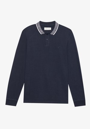 Navy long-sleeve polo shirt with a patterned collar, featuring a buttoned placket and a small logo on the chest. Cotton texture.