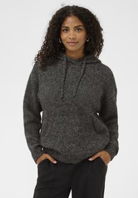 Donkergrijze gebreide hoodie met een gestructureerd ontwerp, trekkoorden in de capuchon, een voorzak en geribbelde manchetten. Gemaakt van een comfy, zacht materiaal.