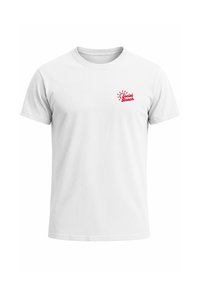 Weißes Baumwoll-T-Shirt mit Rundhalsausschnitt. Mit roten gestickten Text "Social Beach" und einem stilisierten Sonnendesign auf der linken Brustseite.