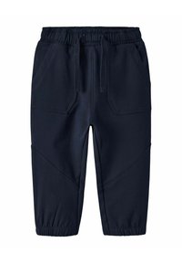 Pantaloni jogger blu navy realizzati in tessuto liscio, con vita elastica, coulisse e tasche laterali oblique con polsini elasticizzati.