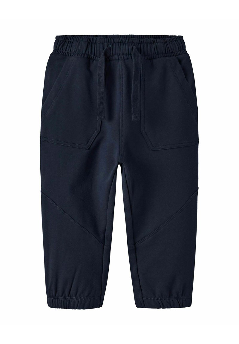 Pantaloni jogger blu navy realizzati in tessuto liscio, con vita elastica, coulisse e tasche laterali oblique con polsini elasticizzati.