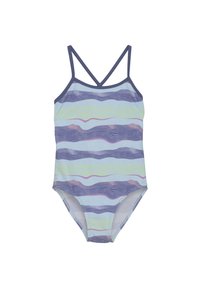 Ensamstycke baddräkt med blå, gröna och rosa vågmönster. Har tunna, korsade band och en mjuk textur. Tillverkad av elastiskt tyg.