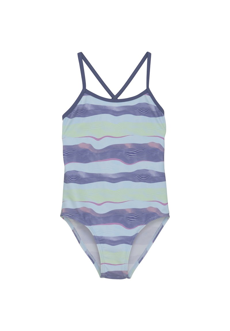 Ensamstycke baddräkt med blå, gröna och rosa vågmönster. Har tunna, korsade band och en mjuk textur. Tillverkad av elastiskt tyg.