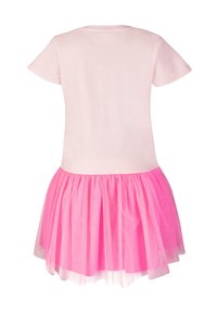 Sukienka z krótkim rękawem, z jasnoróżową bawełnianą górą i warstwową, przezroczystą różową spódnicą z tiulu. Elastyczny pas dla wygodnego dopasowania.