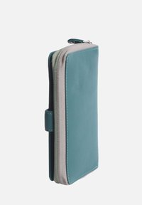 Teal leather wallet with a gray zipper, rectangular shape, smooth texture, and an external strap for closure.