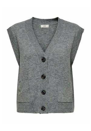 Gilet grigio lavorato a maglia con scollatura a V, maniche corte e cinque bottoni neri. Presenta due tasche frontali e una consistenza a coste sui bordi.