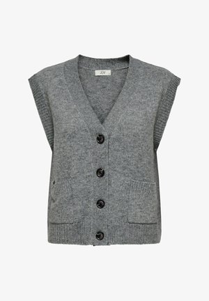 Gray knitted vest with a V-neck, short sleeves, and five black buttons. Features two front pockets and ribbed texture at the edges.