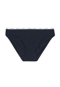 Tyrkysové bikiny spodní prádlo s bílým elastickým pasem, na kterém je černý opakující se nápis "BODY".