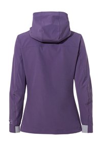 Paarse jas met een capuchon, voorzien van lange mouwen en grijze accenten bij de manchetten. Het materiaal lijkt glad en licht van gewicht.