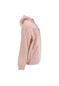 Sudadera con capucha de color rosa claro, hecha de una tela suave. Tiene un bolsillo tipo canguro en la parte frontal y cuenta con un logo bordado en el pecho.