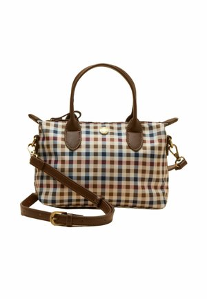 Rechteckige Handtasche mit braunem, blauem und beigem Karomuster, braunen Ledergriffen und abnehmbarem braunem Leder-Schulterriemen mit goldener Hardware.