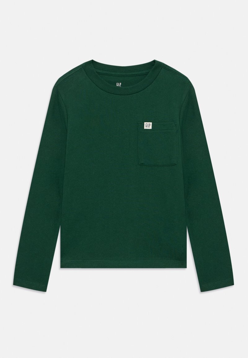 Μακρυμάνικη πράσινη βαμβακερή μπλούζα με στρογγυλή λαιμόκοψη, που διαθέτει τσέπη στο αριστερό στήθος και μια μικρή ετικέτα λογότυπου πάνω από την τσέπη.