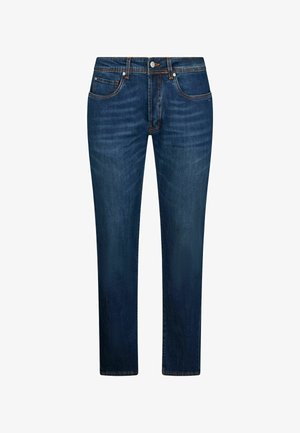 Dunkelblaue Jeans aus Denim mit geradem Bein, fünf Taschen und orangefarbenen Nähdetails. Glatte Textur mit klassischem Schnitt.