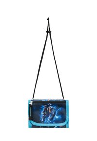 Blue and black fabric crossbody bag with a motorcycle graphic, zip closure, adjustable strap, and textured material.