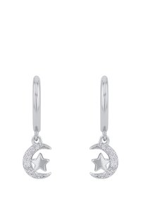 Orecchini a cerchio in argento con ciondolo a forma di luna crescente e stella, adornati con piccoli cristalli per un tocco di dettaglio e brillantezza.