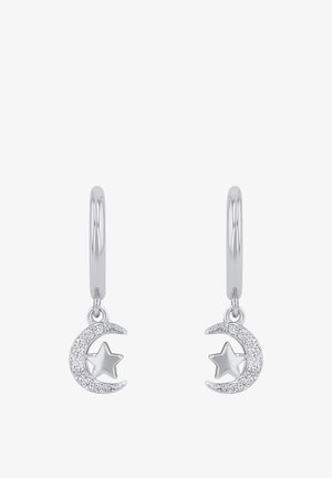 Silberne Creolen mit einem Anhänger in Form eines Halbmonds, versehen mit einem Stern und kleinen Kristallen für zusätzlichen Glanz und Detail.