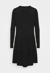 Černé dlouhé šaty s dlouhým rukávem a kulatým výstřihem, s vrstveným lemem a texturovaným trupem, vyrobené z měkké, lehké látky.