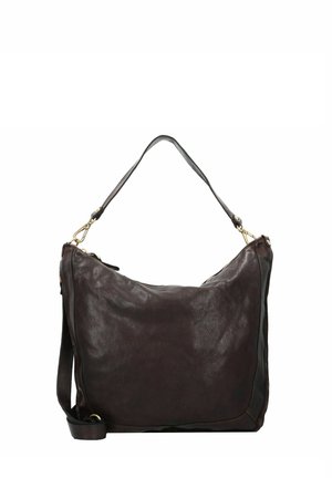 Sac en cuir marron avec une texture douce, présentant une forme courbée, une seule bandoulière et des accents en métal doré.