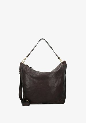 Braune Ledertasche mit weicher Textur, gekrümmter Form, einem einzelnen Schultergurt und goldenen Hardware-Akzenten.