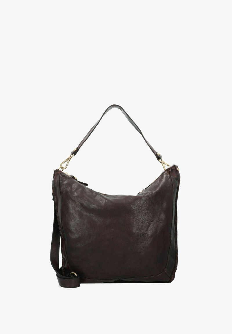 Borsa in pelle marrone con una texture morbida, caratterizzata da una forma curva, una singola tracolla e dettagli in metallo dorato.