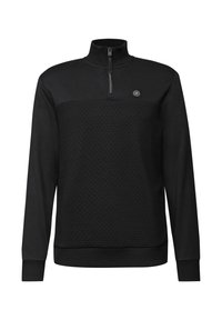 Felpa nera a pullover con zip a un quarto, pannello testurizzato nella parte anteriore e un piccolo logo sul lato sinistro. Realizzata in tessuto morbido.