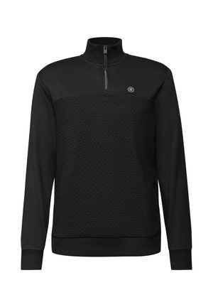 Sudadera negra de felpa con media cremallera, panel texturizado en el frente y un pequeño logo en el lado izquierdo. Confeccionada en una tela suave.