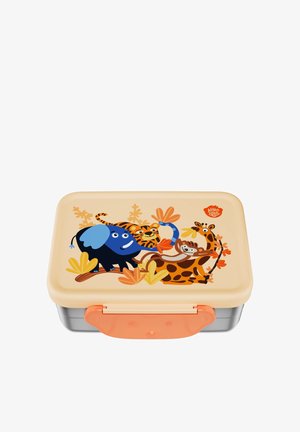 Children's lunchbox with beige lid featuring cartoon elephant, tiger, monkey, giraffe, and colorful leaves, secured with an orange latch.