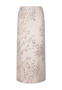 Gonna a matita in satin rosa chiaro con ricami floreali in rilievo e vita aderente, che arriva fino alla metà del polpaccio.