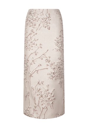 Helle rosa Satin-Bleistifthose mit erhabener Blumenstickerei und tailliertem Bund, der bis zur Mitte der Wade reicht.