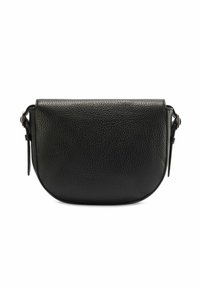 Czarna skórzana torba na ramię o zaokrąglonym kształcie, z fakturą przypominającą zwierzęcą skórę oraz regulowanym paskiem. Posiada srebrne detale metalowe.