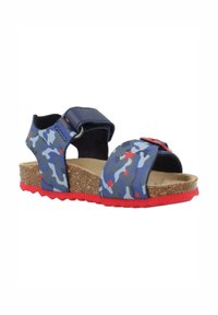 Sandalias de camuflaje azul con acentos rojos, con correa ajustable y suela de corcho; plantilla texturada para mayor comodidad; suela de goma para tracción.