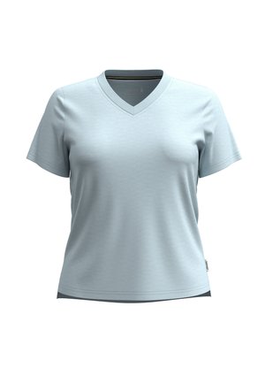 Light blue short-sleeve V-neck t-shirt. Smooth texture, casual design, featuring a slightly darker trim at the neckline. Tag at the hem.