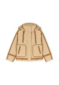 Giacca trapuntata beige con cappuccio, dettagli in cintura marroni, due ampie tasche frontali e cordoncino regolabile all'orlo.