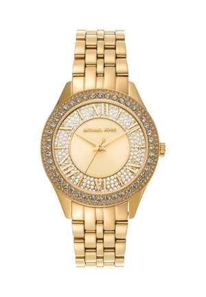 Goldene Michael Kors Armbanduhr mit kristallbesetzter Lünette, römischen Ziffern und Metallgliederarmband.