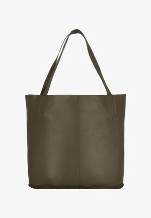 Borsa tote in pelle verde oliva con due manici robusti, texture liscia e design minimalista. Presenta un discreto dettaglio del logo sul lato.