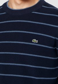 Homme portant un pull en maille bleu marine à rayures horizontales bleu clair et petit logo crocodile vert sur le côté gauche de la poitrine.