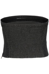 Fekete, textúrált anyagból készült tube top, smocked mintázattal, finom fényű és egyenes kivágással. Oldalról cipzárral záródik.