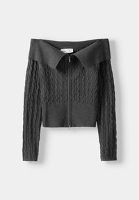 Gray knit cropped sweater with off-shoulder ribbed collar, featuring cable-knit texture and a front zipper closure.