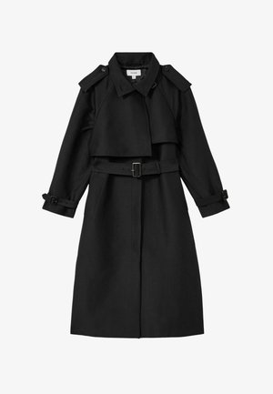 Black trench coat with a double-breasted design, belted waist, shoulder epaulets, and cuff straps, made from a smooth, textured fabric.