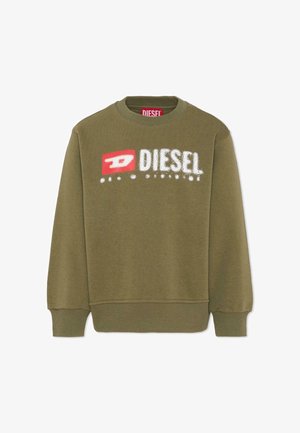 Felpa verde oliva con polsini e orlo a coste, con testo bianco "DIESEL" e logo rosso sul davanti.
